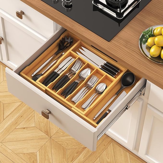 Lifewit Silverware Drawer Organizer, Expandable Utensil Tray for Kitchen, Bamboo Flatware and Cutlery Holder, Wood Adjustable Storage for Spoons Forks Knives, 13-22x15"/ 33 -56x38cm, Natural
