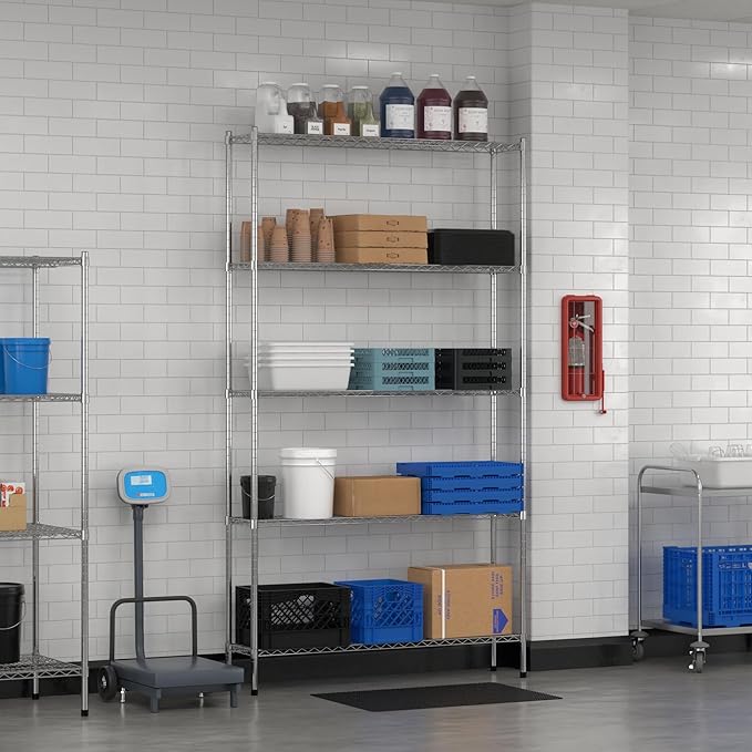 Commercial NSF Listed Chrome Stationary Wire Shelving Kit 12" x 54" x 96", with 5 Shelves Perfect for Warehouse, Walk-in Refrigerator, Freezer, Grocery Store, Restaurant, Dishroom