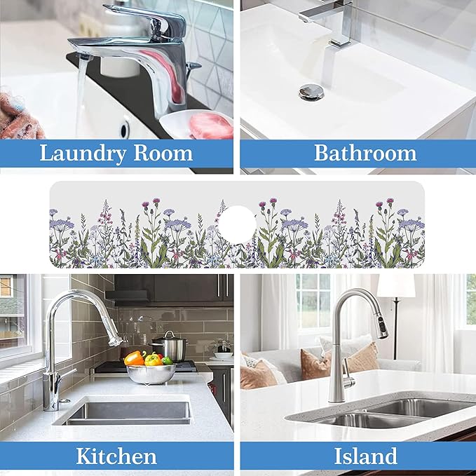 Faucet Mat Splash Guard Botanical Herbs Wild Flower, Soft Diatom Mud Material, Strong Water Absorption, Non-slip,Easy to Clean for Bathroom, Kitchen 23.5"X5.5"