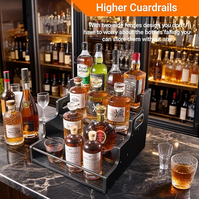 2 Pack 4-Tier Liquor Bottle Display Shelf, 16-Inch Wooden Bar Shelves for Liquor Bottles, Countertop Whiskey Shelf and Bourbon Shelf Organizer for Home Bar, Kitchen(Black)