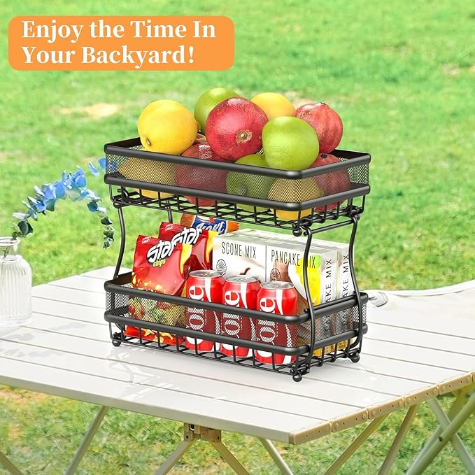 2 Tier Fruit Basket Countertop for Kitchen, Vegetable Bread Bowl Storage Stand - Detachable Metal Rectangular Wire Basket, 14-Inch Antique Black