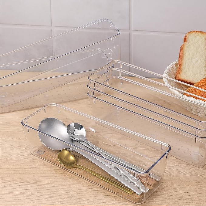 12 Pack Clear Plastic Kitchen Drawers Organizer 9 * 3 * 2 Inch Stackable Storage Trays for Kitchen Utensils Makeup Jewelry Office Supplies Bathroom and Dressing Table