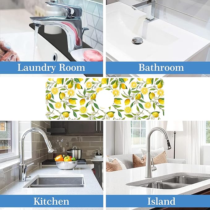 Lemon Fruit Faucet Mat Splash Guard Flower Leave Lemon, Soft Diatom Mud Material, Strong Water Absorption, Non-slip,Easy to Clean for Bathroom, Kitchen 15"X5.5"