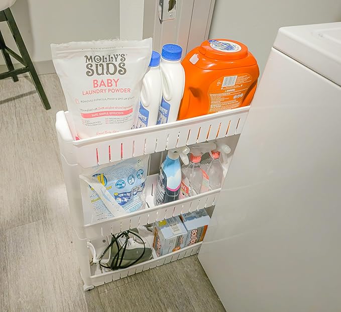 Slim Rolling Storage Cart - Narrow Slide Out Shelving Utility Cart - Mobile Storage for Laundry, Bathroom, Kitchen & Between Washer and Dryer.