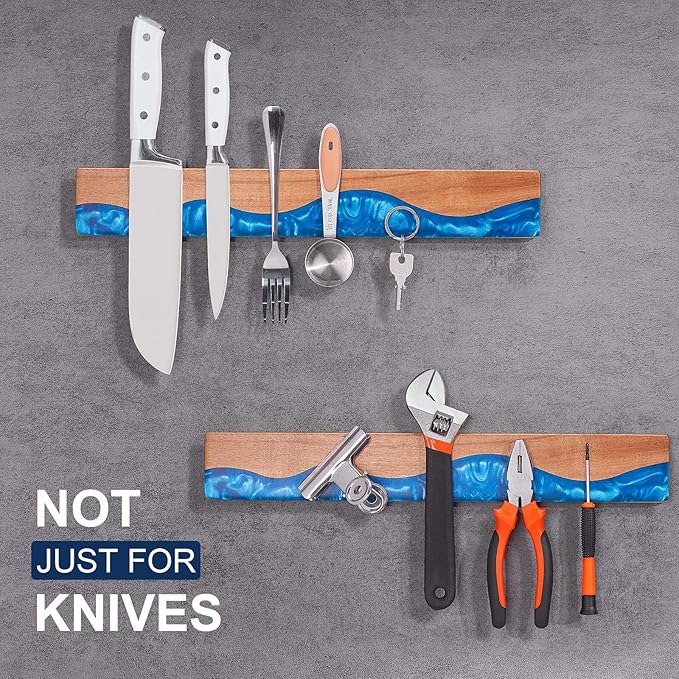ENOKING 16 Inch Magnetic Knife Holder for Wall, Acacia Wood & Blue Resin Magnetic Knife Strip, Powerful No-Drill Adhesive or Screws Mount, Kitchen Knife Bar Storage Rack