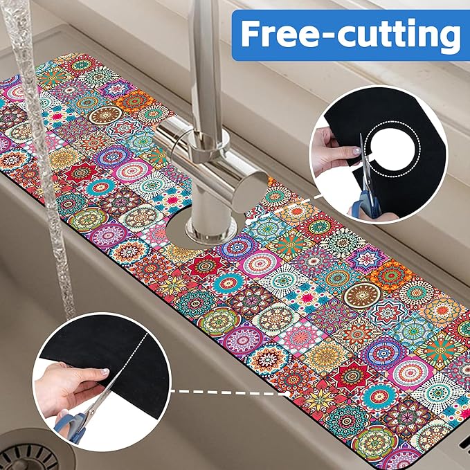 Vintage Boho Mandala Floral Kitchen Sink Splash Guard Mat Absorbent Fast Drying Mat Faucet Draining Mat Sink Splash Guard Behind Faucet Drip Catcher for Kitchen Bathroom 5.5"×24"