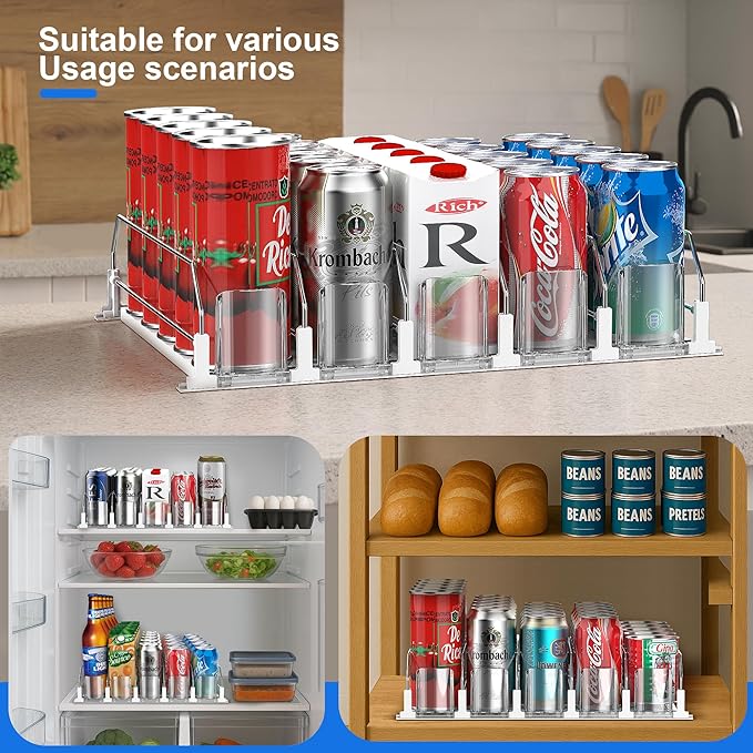 Drink Organizer for Fridge, drink dispenser for fridge, Automatic Pusher Glide,12oz 16oz 20oz-Soda Dispenser for Fridge-Holds up to 25 Cans - 5 Rows White