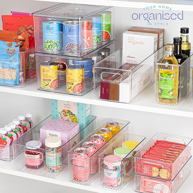primebox Plastic Food Storage 2 Pack Clear Container Bin with Handles for Organizing Kitchen, Pantry, Fridge, Freezer, Pantry, Bathroom. 14"x6"5"