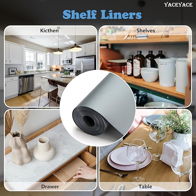 YACEYACE Shelf Liners for Kitchen Cabinets Non-Adhesive, Grey 12” x 10 FT Drawer Liner, Waterproof Mats for Refrigerator, Cupboard, Bathroom, Drawer