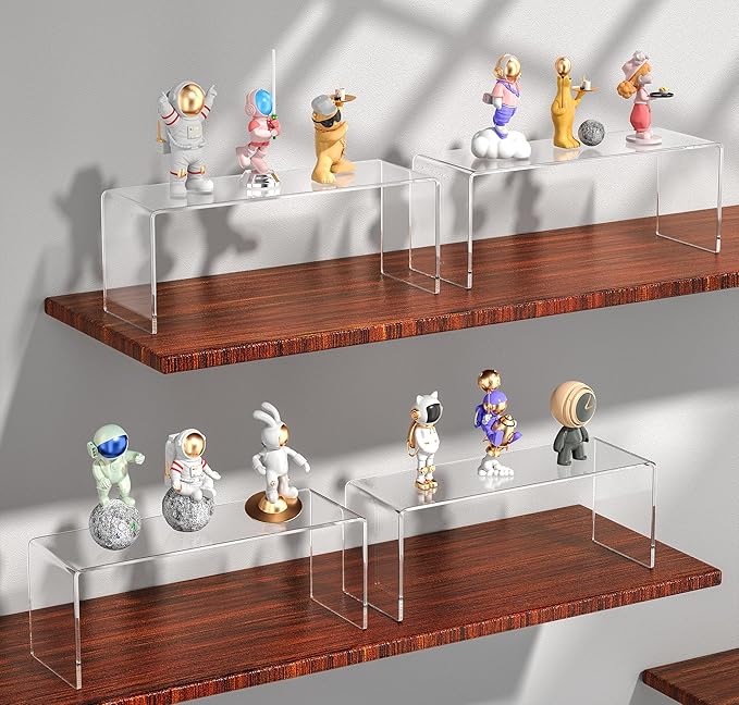 Jusalpha 4 Pcs Large 13'' Clear Acrylic Risers, Display Risers Shelf Showcase Fixtures for Retail, Display Stand for Amiibo Funko POP Figures, Cupcakes, Food Display, Cabinet Organizer(13''x 4.5''x 6'')