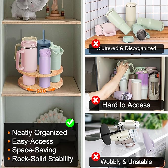 MyLifeUNIT Water Bottle Organizer for Stanley Cups 40oz/30oz/20oz, 360° Rotating Wooden Tumbler Organizer, Stanley Cup Holder for Cabinet Storage (Yellow)