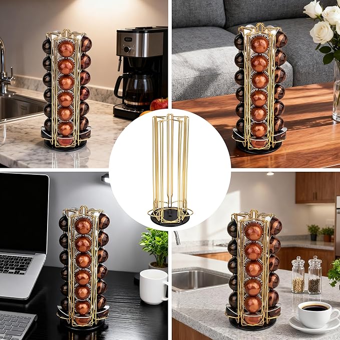 35 Coffee Pods Holder - Golden - 360° Spinning Coffee Pod Carousel Stand | Holds 35 Capsules | Compact Countertop Organizer with Silent Rotation, Durable & Modern