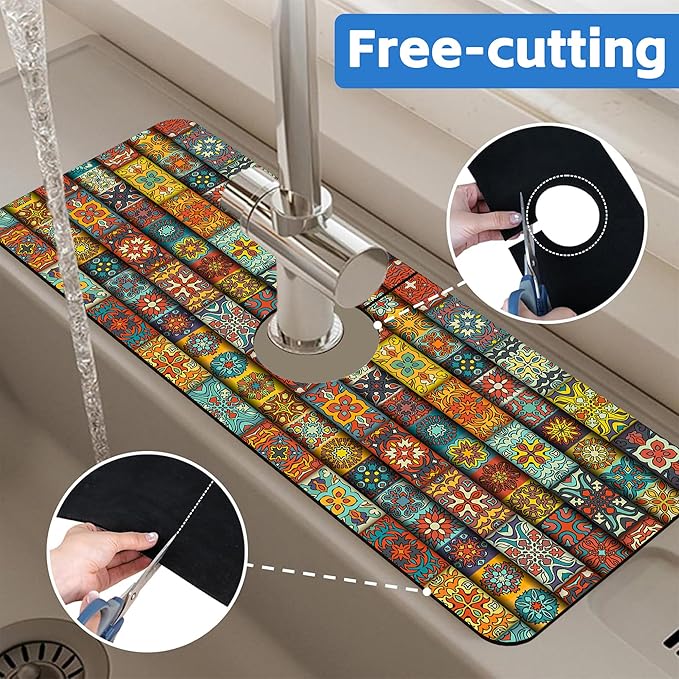 Vintage Mandala Floral Dish Drying Mat for Kitchen Sink Splash Guard Behind Faucet Sink Mat Absorbent Fast Drying Faucet Draining Mat for Bathroom Kitchen 5.5"×15"