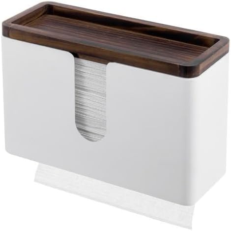 MyGift Deluxe Modern Matte White Metal Folded Commercial Paper Towel Holder with Rustic Burnt Solid Wood Tray Lid, Wall Mounted Trifold Multifold Z Fold Disposable Napkin Dispenser