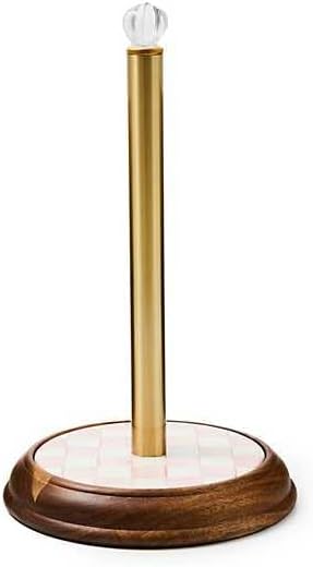 MACKENZIE-CHILDS Wood Paper Towel Holder, Decorative Paper Towel Holder for Kitchen, Pink-and-White Rosy Check