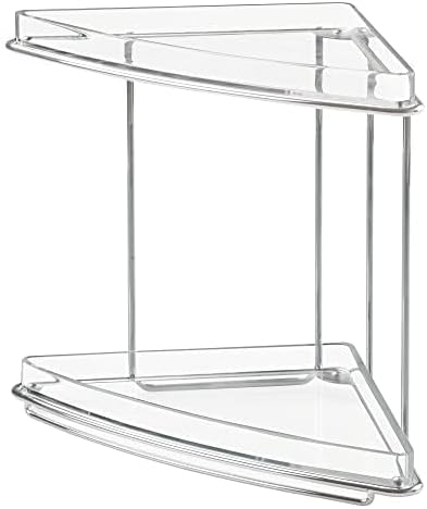mDesign Steel/Plastic Freestanding Countertop Corner Shelf Organizer with 2-Tier Storage for Bathroom, Vanity, Cabinet, Counter - Holds Makeup, Bath Gel - Prism Collection - 2 Pack - Clear