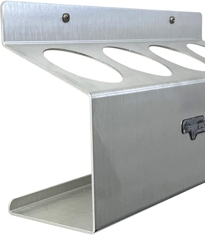 Pit Posse 303 Four Bottle Aerosol Spray Can Rack Shelf Holder 15.5" Caddy - Made in USA - Aluminum Enclosed Trailer Shop Garage Storage Organizer - Mounting Hardware Included (Silver)