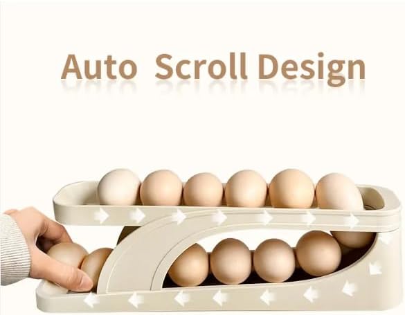 Egg Dispenser for Refrigerator or Kitchen Countertop, Automatic Roll Down Egg Storage for Fridge, Space Saving Gravity Fed Egg Holder and Organizer Tray (Beige/Off White)