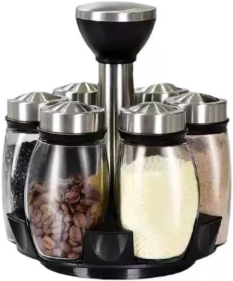Kitchen rotating spice rack storage set, 360 degree rotating bracket, 6 glass jars, blank labels, space saving storage solution, suitable for kitchen and table use
