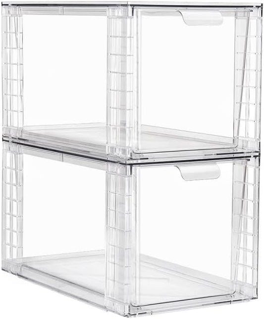 2Pack Large Stackable Storage Drawers,Clear Acrylic Organizers with Handle,Easily Assemble for Kitchen Undersink,Bathroom,Cabinet,Makeup,Closet,Medicine,Pantry Organization Bins