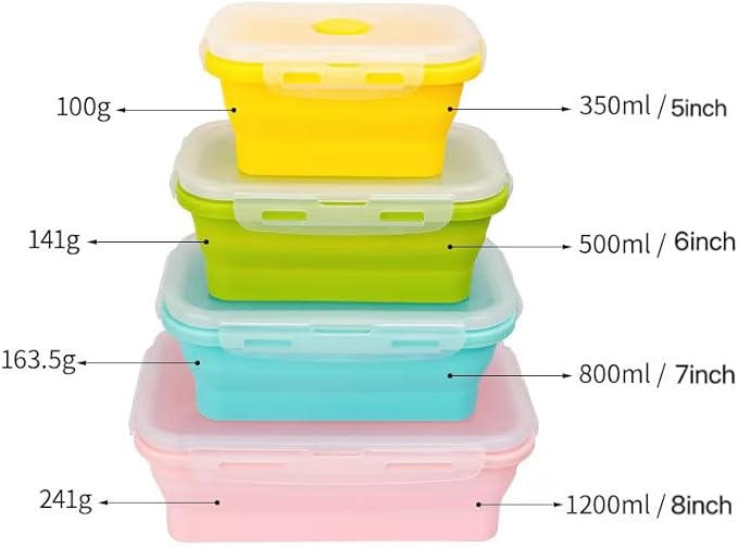 CozyKit Set of 4, Collapsible Silicone Food Storage Container, Leftover Meal Box for Kitchen, Lunch Boxes with Clip-on Lid, Stackable, Space Saving, Dishwasher Safe, BPA Free