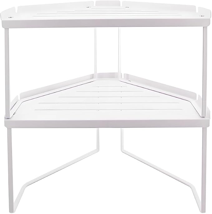 AKAZA 2-Tier White Corner Shelf Organizer, Stackable Metal Kitchen Cabinet Shelf with Non-Slip Mat, Storage Rack for Bathroom, Countertop, Utensils & Cabinet Organization