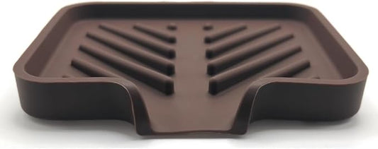 Happitasa Silicone Soap Dish Tray and Sponge Holder with Drain Chute and Feet | 3-Way Sloped Design | Bathroom and Kitchen Sink Organizer Caddy (Dark Chocolate, 5"x4", 3.5 Ounces)