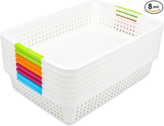 8 Pack Large Plastic Storage Baskets with Handles (15×10×3 Inch) - Pantry Organizer Bins, Desktop Paper Storage Baskets for Countertops, Cabinets, Bedrooms & Bathrooms