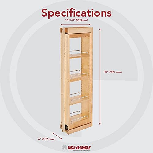 Rev-A-Shelf Kitchen Cabinet Pullout Wall Filler Wooden Organizer Slide Out Pantry Storage w/Soft-Close in Multiple Sizes, 6 x 39 In, 432-WFBBSC39-6C