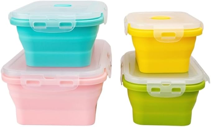 CozyKit Set of 4, Collapsible Silicone Food Storage Container, Leftover Meal Box for Kitchen, Lunch Boxes with Clip-on Lid, Stackable, Space Saving, Dishwasher Safe, BPA Free