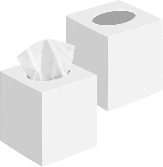 2 Pack Tissue Box Cover White, Square Acrylic Tissue Holder, Decorative Facial Tissue Box Vessel Cube Paper Organizer Dispenser for Bathroom Office, Night Stand, Desk, Car, Vanity, Countertops