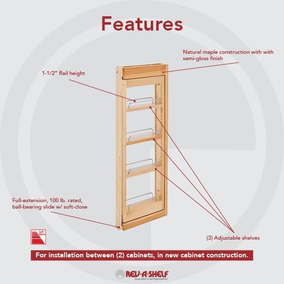 Rev-A-Shelf Kitchen Cabinet Pullout Wall Filler Wooden Organizer Slide Out Pantry Storage w/Soft-Close in Multiple Sizes, 3 x 33 In, 432-WFBBSC33-3C