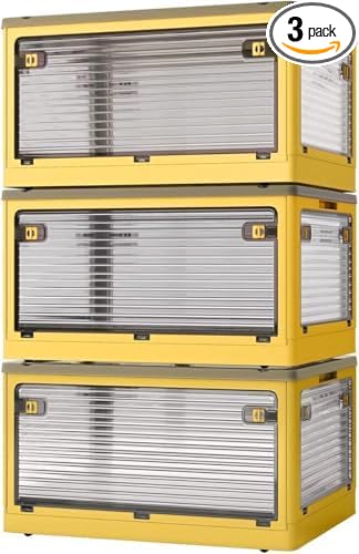 3-Pack Stackable Storage Bins, 50-Liter Collapsible Organizers with 3 Lids, Wheels, Foldable Collapsible Box for Outdoor Camping, Orange