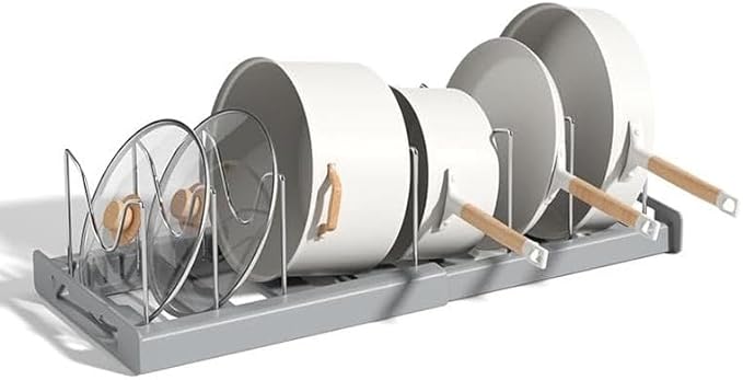 Adjustable Expandable Cookware Organizer – 7 Stainless Steel Dividers for Cabinets, Perfect for Pot Lids & Baking Trays, White Kitchen Storage Rack (Grey)