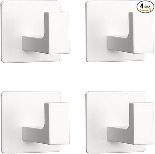 Vanloory Bath Towel Hooks, 4 Pack Self Adhesive Square Coat Hooks, Sturdy No Drilling Robe Hook, Heavy Duty Aluminum Clothes Hanger, Wall Hooks for Bathroom Bedroom Kitchen (2 in, White)