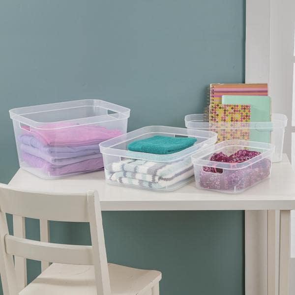 Tribello Modern Organizers And Storage Bin Clear Plastic Shelf Organizer Bins - Ideal for Under Sink Organization - Made In USA (Large - 15” X 12” X 5”)