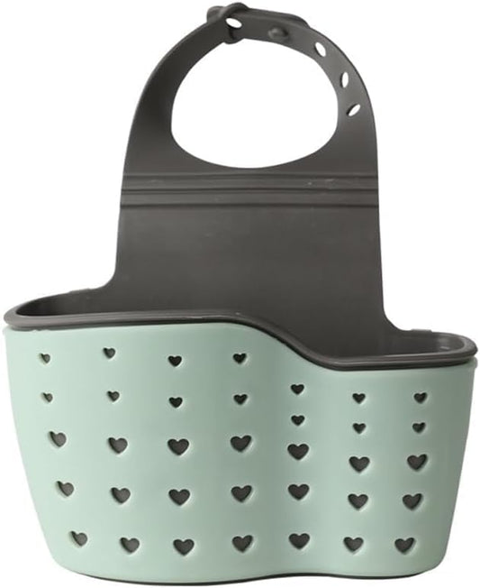 Kitchen Sink Caddy - Silicone Plastic Soap Sponge Holder - BPA-free Rack - Faucet Caddy with Drain Holes for Drying - Adjustable Hanging Strap (Green)