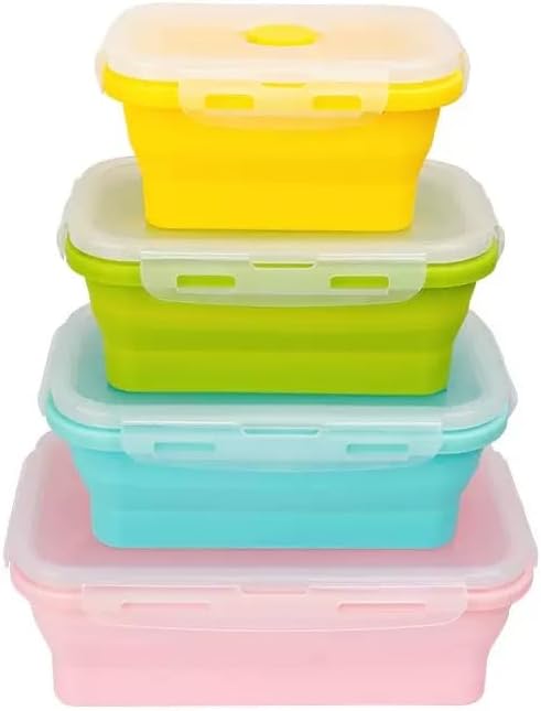 CozyKit Set of 4, Collapsible Silicone Food Storage Container, Leftover Meal Box for Kitchen, Lunch Boxes with Clip-on Lid, Stackable, Space Saving, Dishwasher Safe, BPA Free