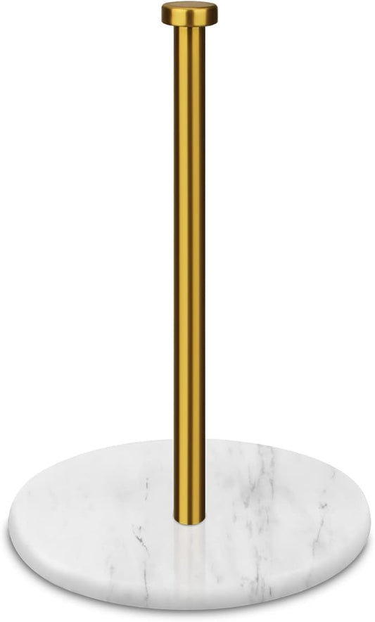 Paper Towel Holder Countertop with 7" Weighted White Marble Base - Modern Free Standing Paper Roll Holder, Brushed Gold Stainless Steel Stand Paper Towel Holder for Kitchen and Bathroom