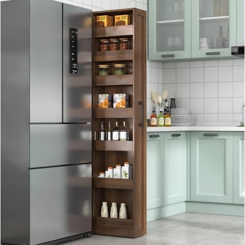 Single-Sided Open Shelf Tall Narrow Pull Out Storage Shelf, 7 Tier Slim Rolling Pantry Storage Cart Next to Fridge Spice Rack Shelves for Kitchen Bathroom Laundry Narrow Places (Walnut1)
