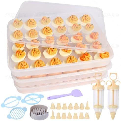 90 Deviled Egg Containers with Lid (Set 3),Plastic Deviled Egg Tray Carrier with Handl Injector Piping Tool,Clear Storage Deviled Egg Platter Holder for Refrigerator Party Picnic Party Events Serving