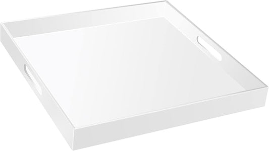 18×18 Inch Golssy White Acrylic Serving Tray with Handles Extra Large Ottoman Tray Decorative Tray Spill-Proof Coffee Table Space Saver Oversize Counter top Organizer Platter with Safe Edge
