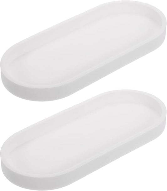 uxcell 2Pcs Bathroom Vanity Tray, 9.8" x 4" Oval Silicone Soap Dispenser Trays, Shatterproof Kitchen Sink Organizer for Soaps Keys Candle Trinket, White