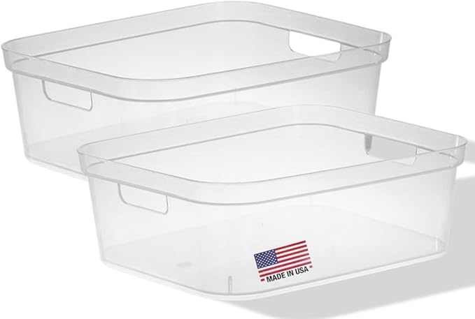 Tribello Modern Organizers And Storage Bin Clear Plastic Shelf Organizer Bins - Ideal for Under Sink Organization - Made In USA (Large - 15” X 12” X 5”)