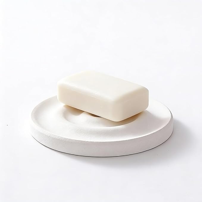 Diatomite Stone Soap Dish & Tray - Water Absorbing for Bathroom Kitchen Sink, Quick Dry Sponge Holder, Non-Slip Stand, Round Organizer Mat for Bar Soap, Drying Tray & Coaster (White)