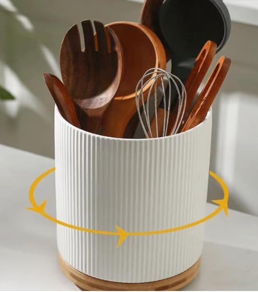 KSENDALO Large 360° Rotating Utensil Holder, Cream White 7.76" Premium Kitchen Crock for Cooking Utensils, Durable Countertop Storage for Home Kitchen