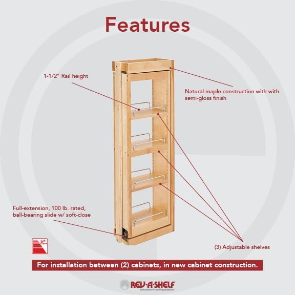 Rev-A-Shelf Kitchen Cabinet Pullout Wall Filler Wooden Organizer Slide Out Pantry Storage w/Soft-Close in Multiple Sizes, 6 x 36 In, 432-WFBBSC36-6C