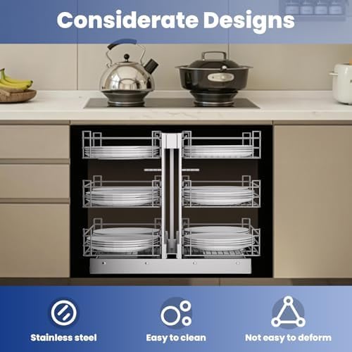 Heavy Duty Stainless Steel Corner Pull Out, 3 Tier 6 Basket Cabinet Organizer for 17" Opening, Soft Close Slide Out Shelves