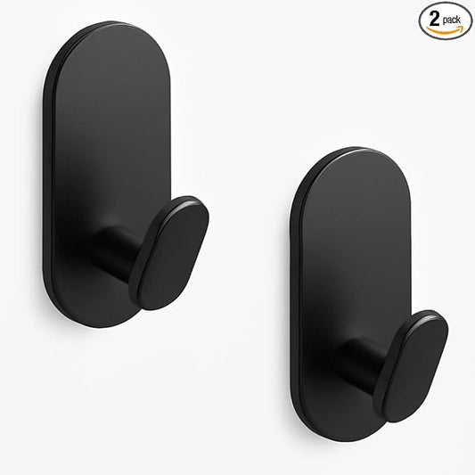 WZRUA Adhesive Towel Hooks for Bathrooms 2 Pack Matte Black Stainless Steel and Zinc Alloy Sticky Wall Hooks for Hanging Heavy Duty Self Adhesive Robe Shower Hanger for Kitchen, Closet, Cabinet, Door