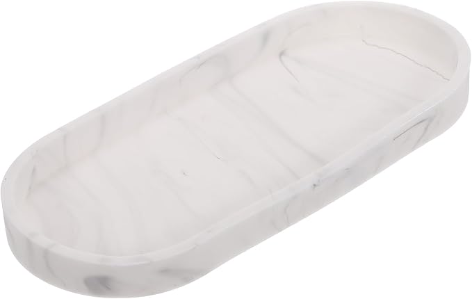 uxcell Bathroom Vanity Tray, 9.8" x 4" Oval Silicone Soap Dispenser Trays, Shatterproof Kitchen Sink Organizer for Soaps Keys Candle Trinket, Marble White